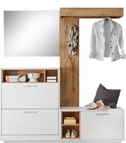 Kompakt-Garderobe mit weißem und holzfarbenem Design, bestehend aus einem Spiegel, Haken für Kleidung, Schuhfächern und Sitzbank, frontal abgebildet.