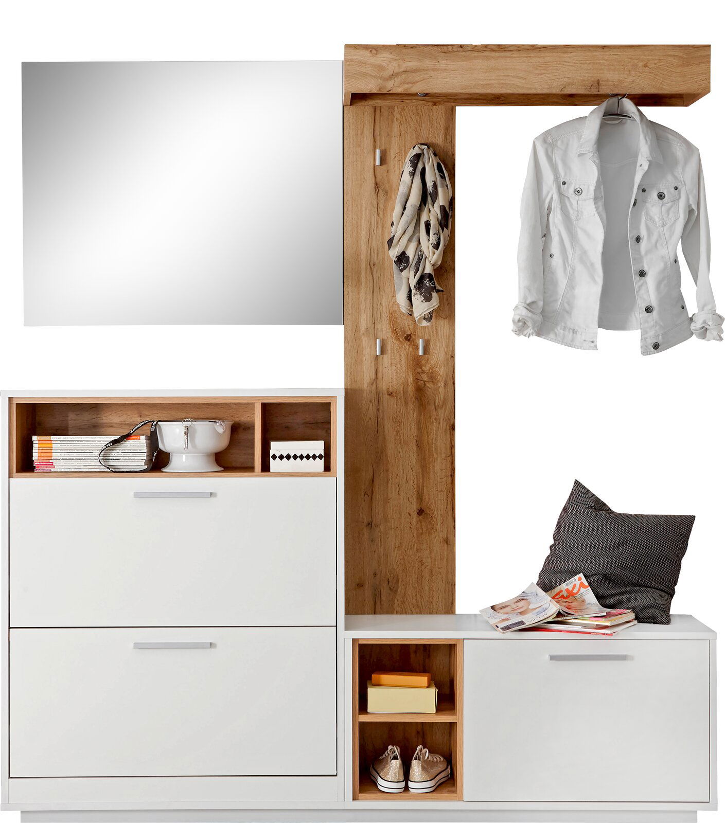 Kompakt-Garderobe mit weißem und holzfarbenem Design, bestehend aus einem Spiegel, Haken für Kleidung, Schuhfächern und Sitzbank, frontal abgebildet.