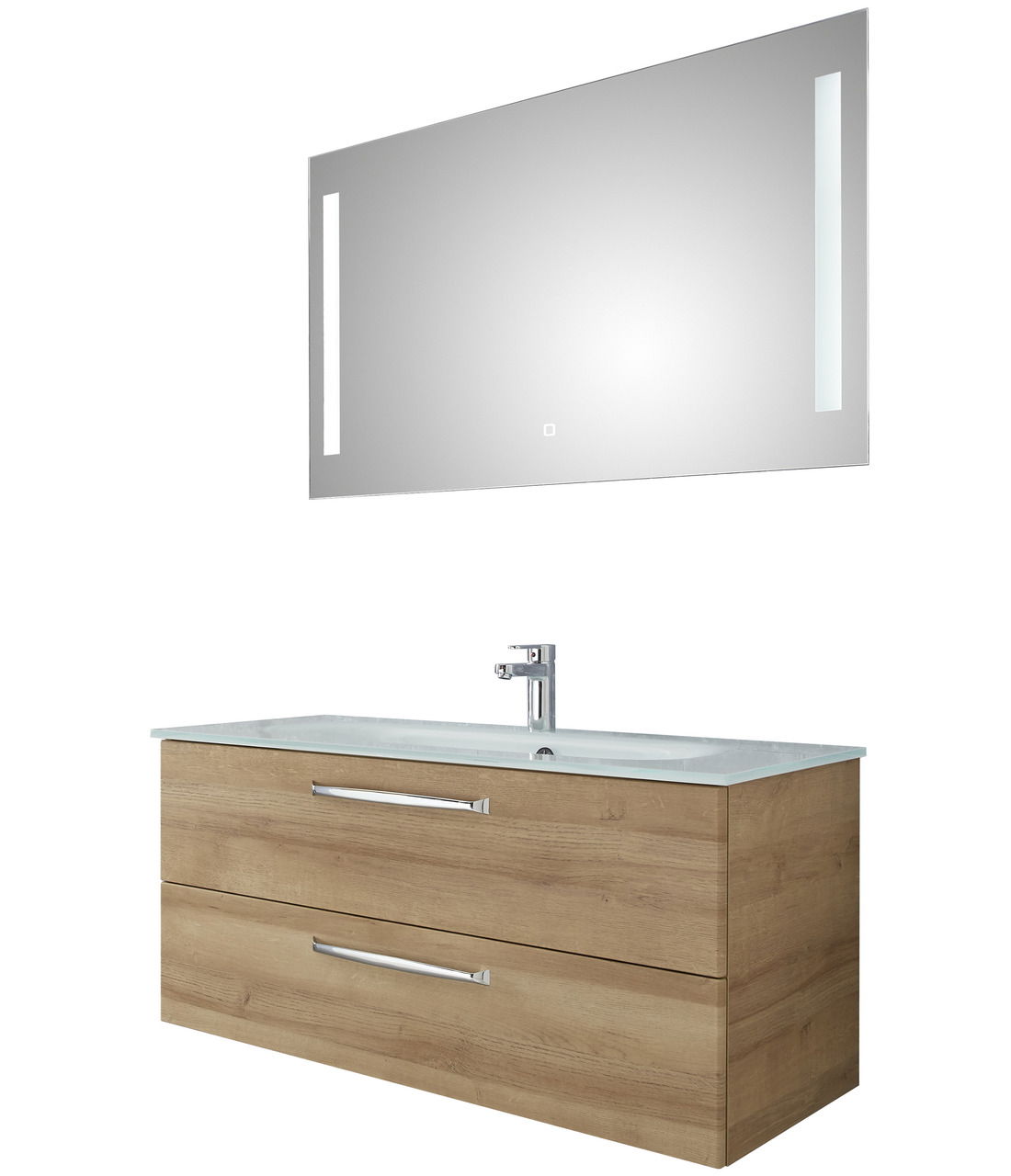 Moderner Badblock mit Holzoptik und integriertem Waschbecken, frontal betrachtet. Darüber ein großer Spiegel mit seitlicher Beleuchtung.