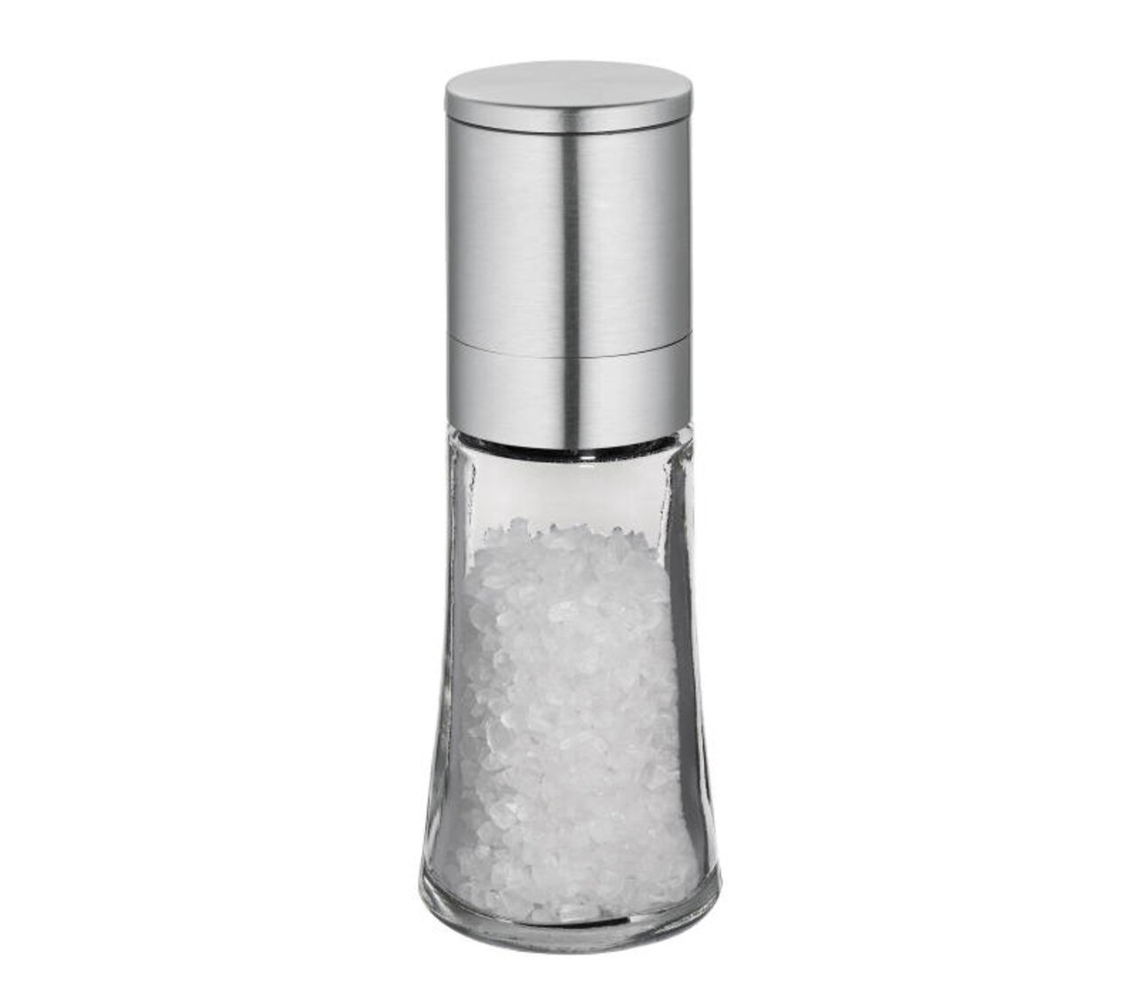 Salzmühle Bari aus Glas und Edelstahl, frontal abgebildet