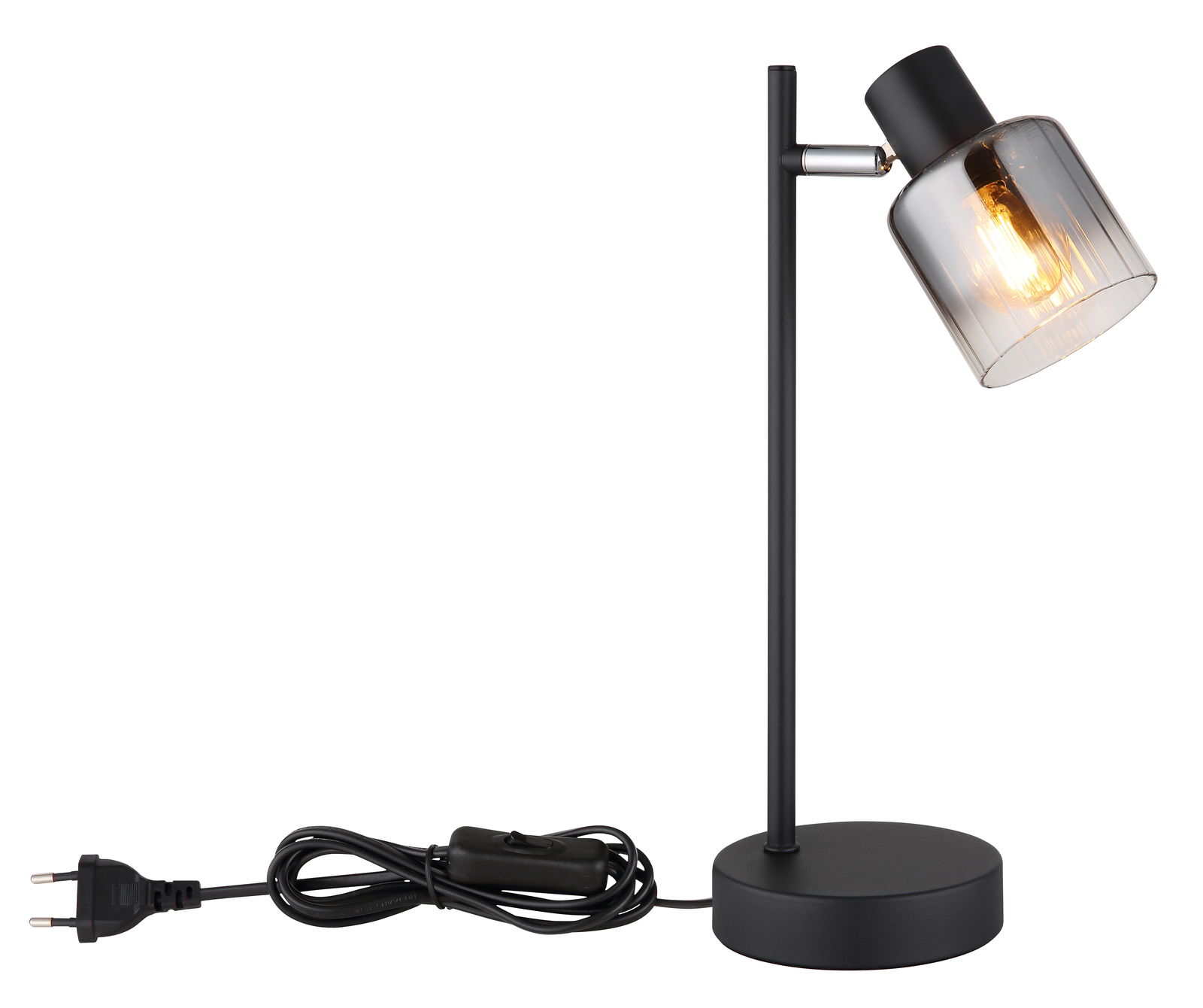 Moderne Tischleuchte mit schwarzem Gestell und transparentem Lampenschirm, seitliche Perspektive