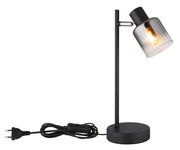 Moderne Tischleuchte mit schwarzem Gestell und transparentem Lampenschirm, seitliche Perspektive