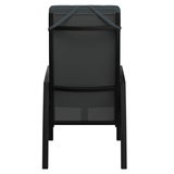 Rückansicht eines Gartensessels mit schwarzem Rahmen und dunklem Polster