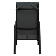 Rückansicht eines Gartensessels mit schwarzem Rahmen und dunklem Polster