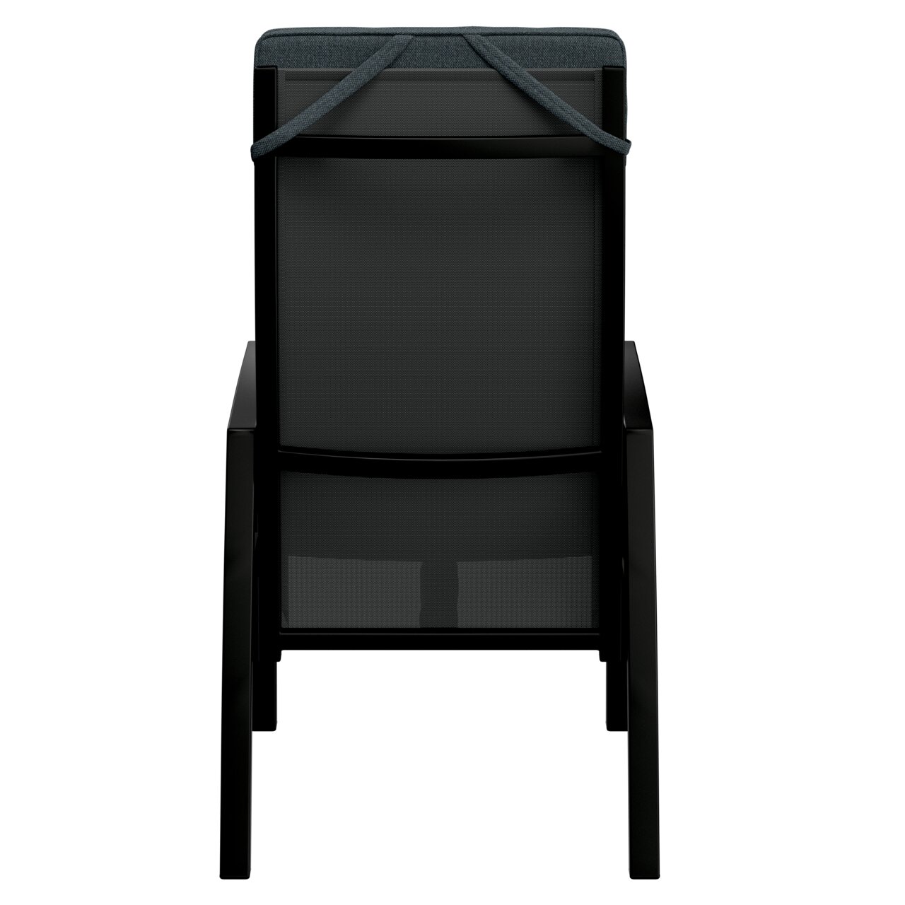 Rückansicht eines Gartensessels mit schwarzem Rahmen und dunklem Polster