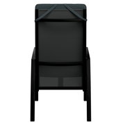 Rückansicht eines Gartensessels mit schwarzem Rahmen und dunklem Polster