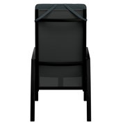 Rückansicht eines Gartensessels mit schwarzem Rahmen und dunklem Polster