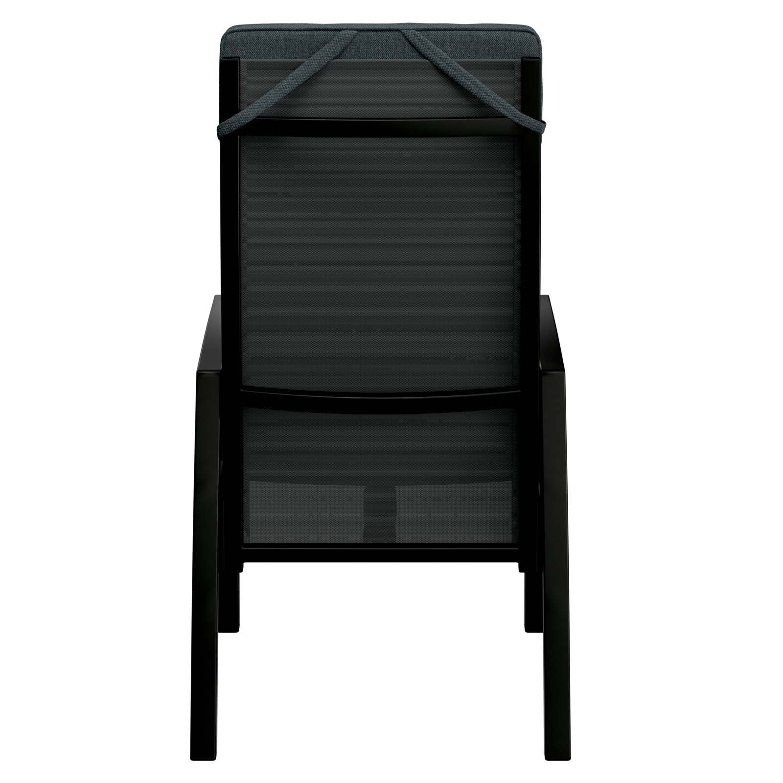 Achterkant van een tuinstoel met een zwart frame en donkere bekleding