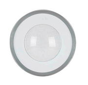 Runde LED-Deckenleuchte in Draufsicht mit modernem Design und silbernem Rand.