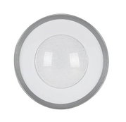 Ronde led-plafondlamp in bovenaanzicht, met een modern ontwerp en een zilveren rand.