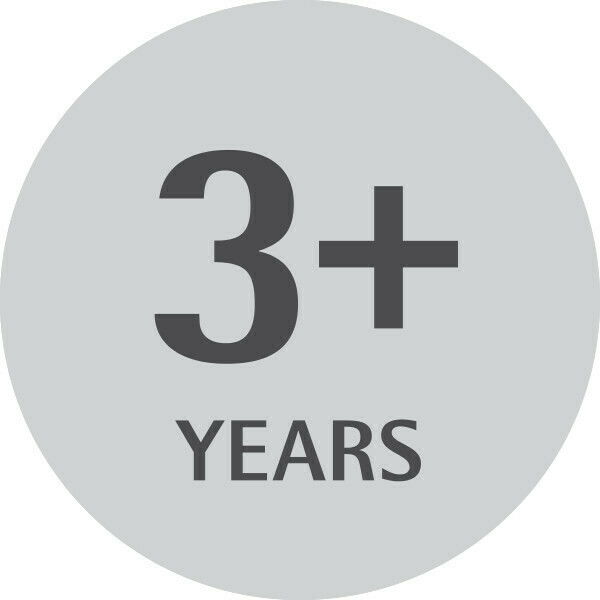 Grauer Kreis mit der Aufschrift '3+ YEARS', Vorderansicht