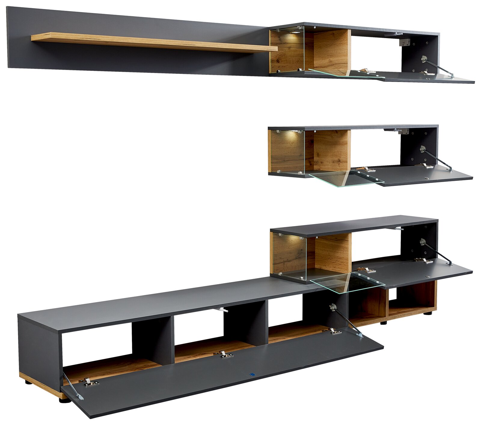 TV-Lowboard-Kombination in moderner Perspektive mit grauen und holzfarbenen Elementen, Glasfronten und integrierter Beleuchtung.