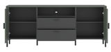 Frontansicht des Z2 TV-Lowboards SHIRLEY mit offenen Türen und Schubladen, in dunklem Design.