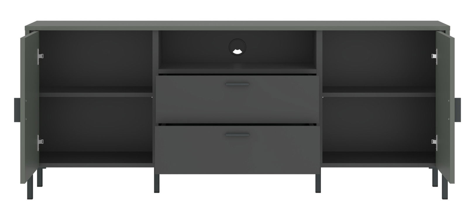 Frontansicht des Z2 TV-Lowboards SHIRLEY mit offenen Türen und Schubladen, in dunklem Design.