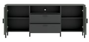 Frontansicht des Z2 TV-Lowboards SHIRLEY mit offenen Türen und Schubladen, in dunklem Design.