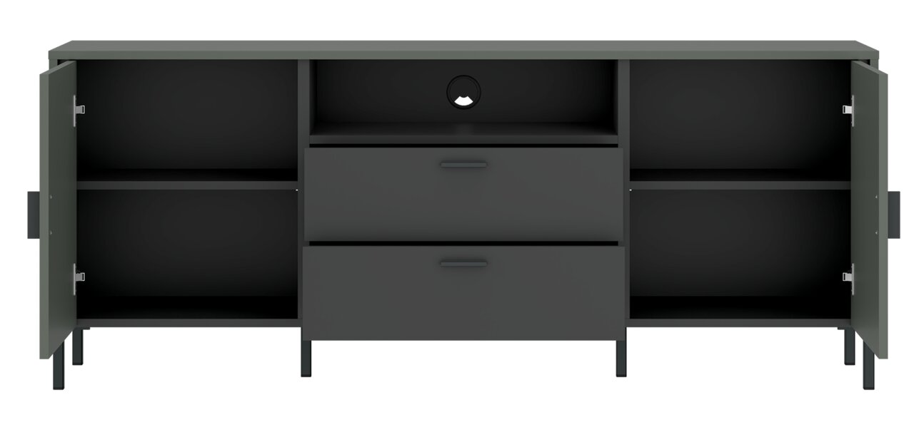 Frontansicht des Z2 TV-Lowboards SHIRLEY mit offenen Türen und Schubladen, in dunklem Design.