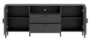 Frontansicht des Z2 TV-Lowboards SHIRLEY mit offenen Türen und Schubladen, in dunklem Design.