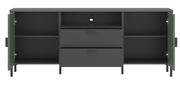 Frontansicht des Z2 TV-Lowboards SHIRLEY mit offenen Türen und Schubladen, in dunklem Design.