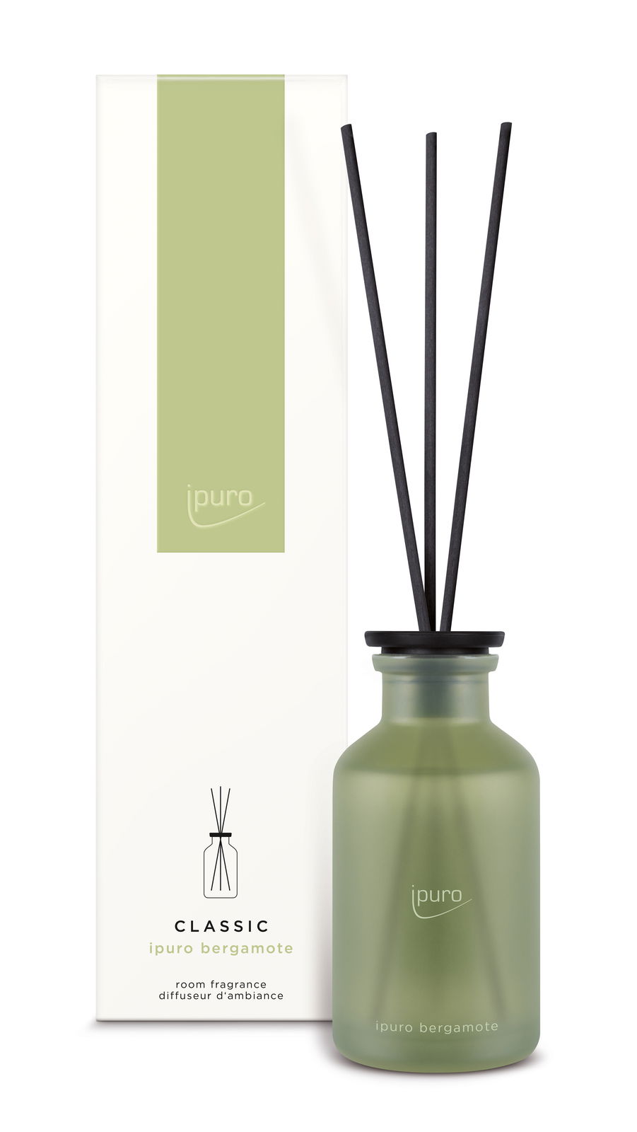 Grüner Raumduft mit schwarzen Stäbchen und Verpackung, Vorderansicht