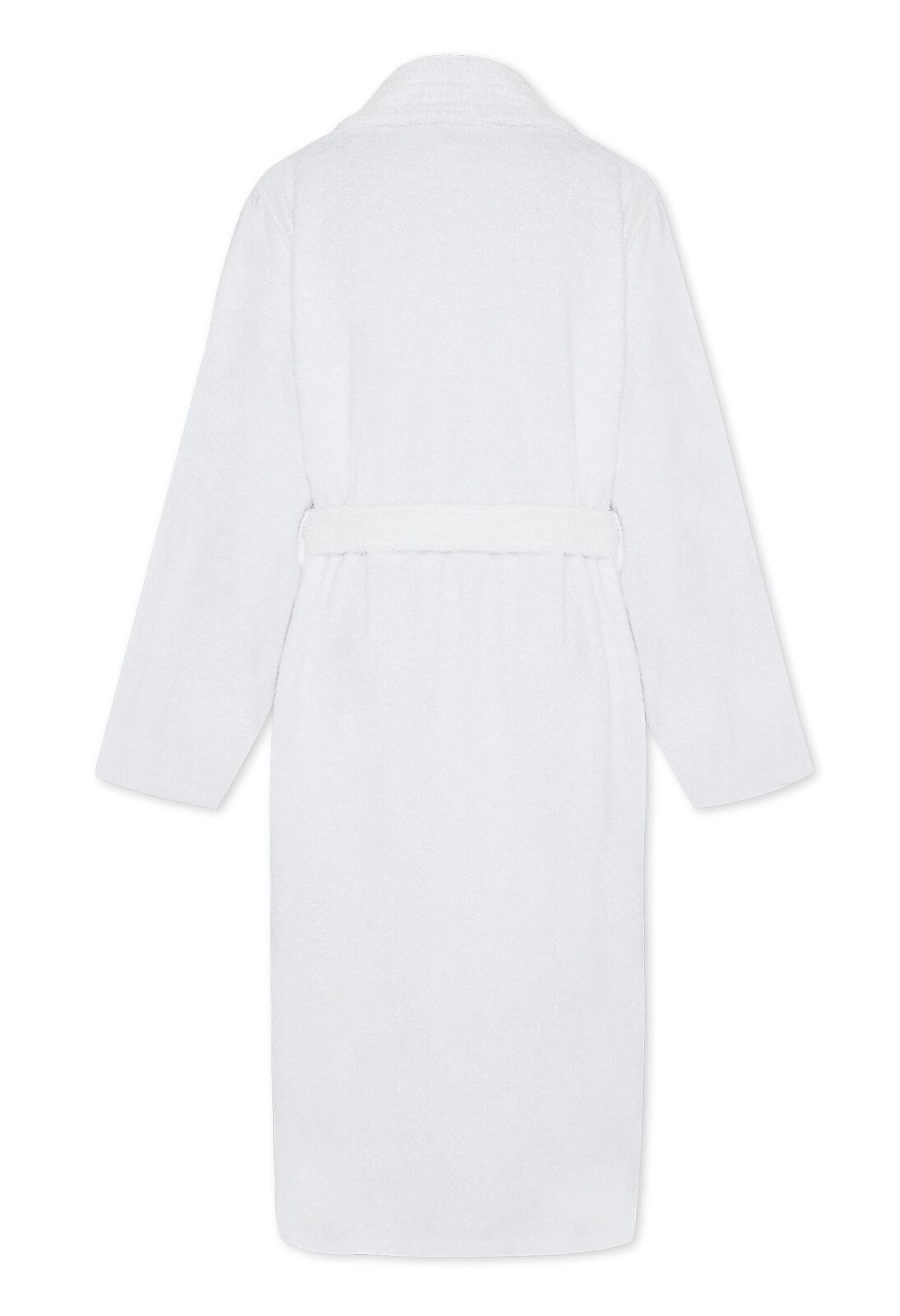 Rückansicht eines weißen Bademantels mit Schalkragen und Gürtel.
