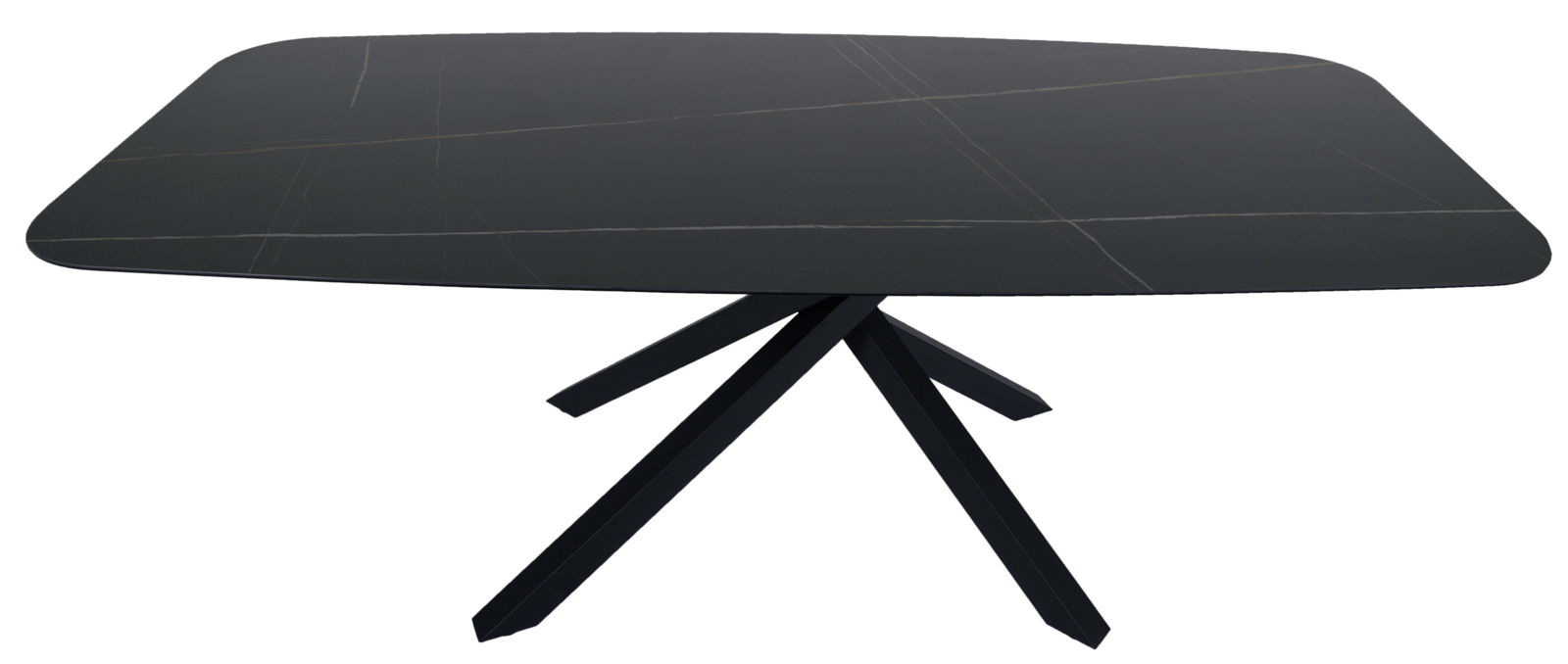 Moderner schwarzer Esstisch mit rechteckiger Tischplatte und einzigartigem, gekreuztem Tischgestell, seitliche Perspektive.