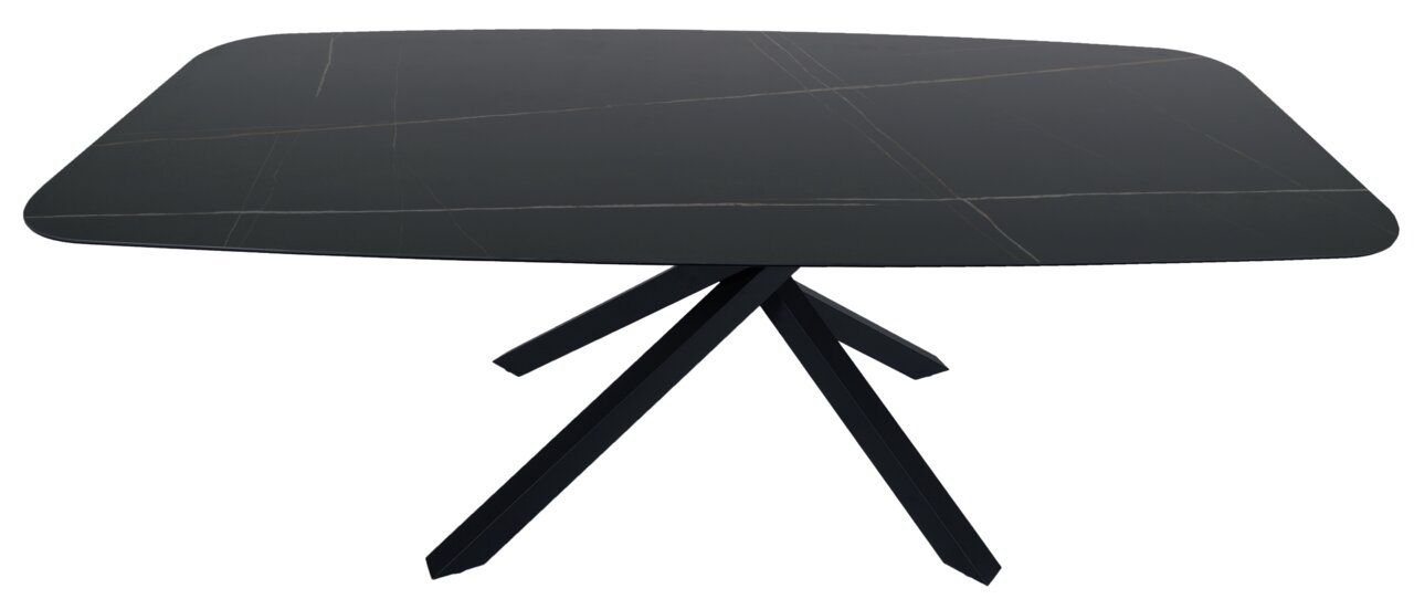 Moderner schwarzer Esstisch mit rechteckiger Tischplatte und einzigartigem, gekreuztem Tischgestell, seitliche Perspektive.