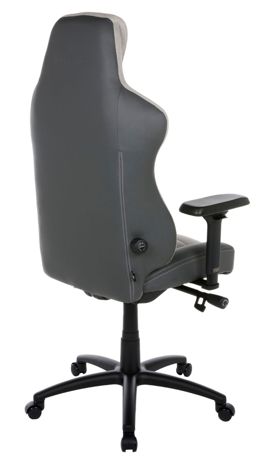 Rückansicht eines grauen Gaming-Stuhls mit verstellbaren Armlehnen und ergonomischem Design.