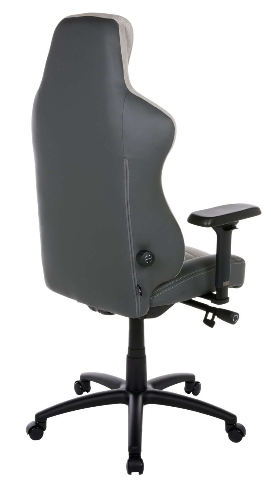 Rückansicht eines grauen Gaming-Stuhls mit verstellbaren Armlehnen und ergonomischem Design.