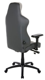 Rückansicht eines grauen Gaming-Stuhls mit verstellbaren Armlehnen und ergonomischem Design.