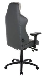Rückansicht eines grauen Gaming-Stuhls mit verstellbaren Armlehnen und ergonomischem Design.
