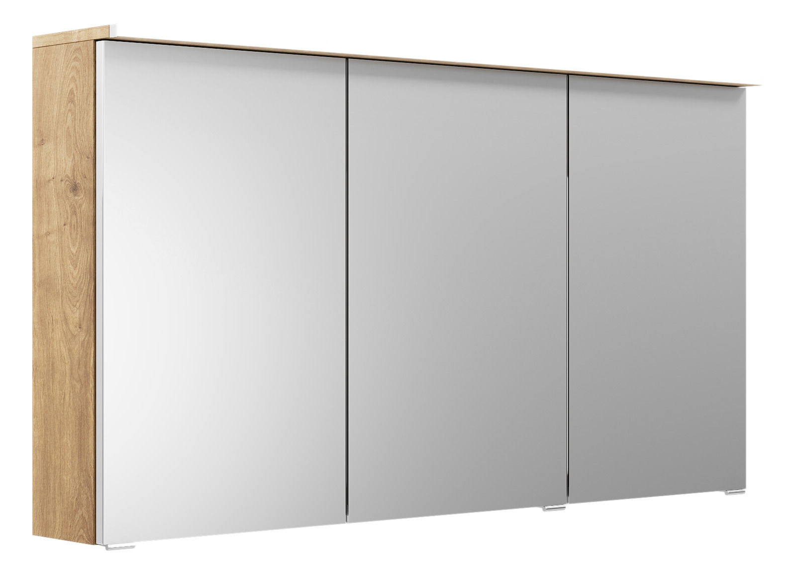 Spiegelschrank mit drei Türen und Holzrahmen, seitliche Perspektive