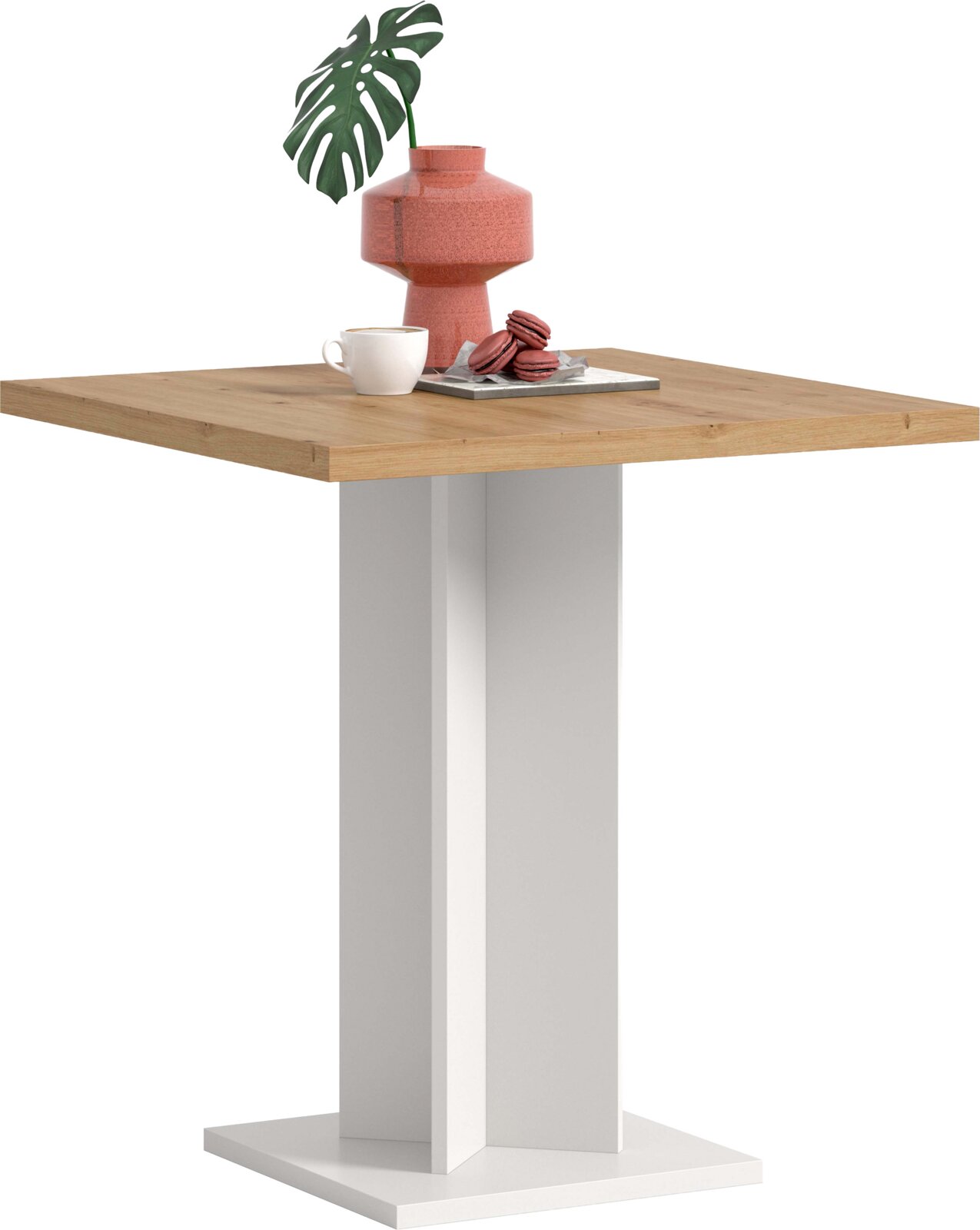 Moderner Bartisch mit rechteckiger Holzplatte und weißem Säulenfuß, dekoriert mit Vase, Tasse und Gebäck, in leicht schräger Frontansicht