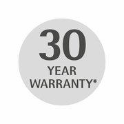 Rundes Siegel mit der Aufschrift '30 Year Warranty' in schwarzer Schrift auf grauem Hintergrund, Vorderansicht.