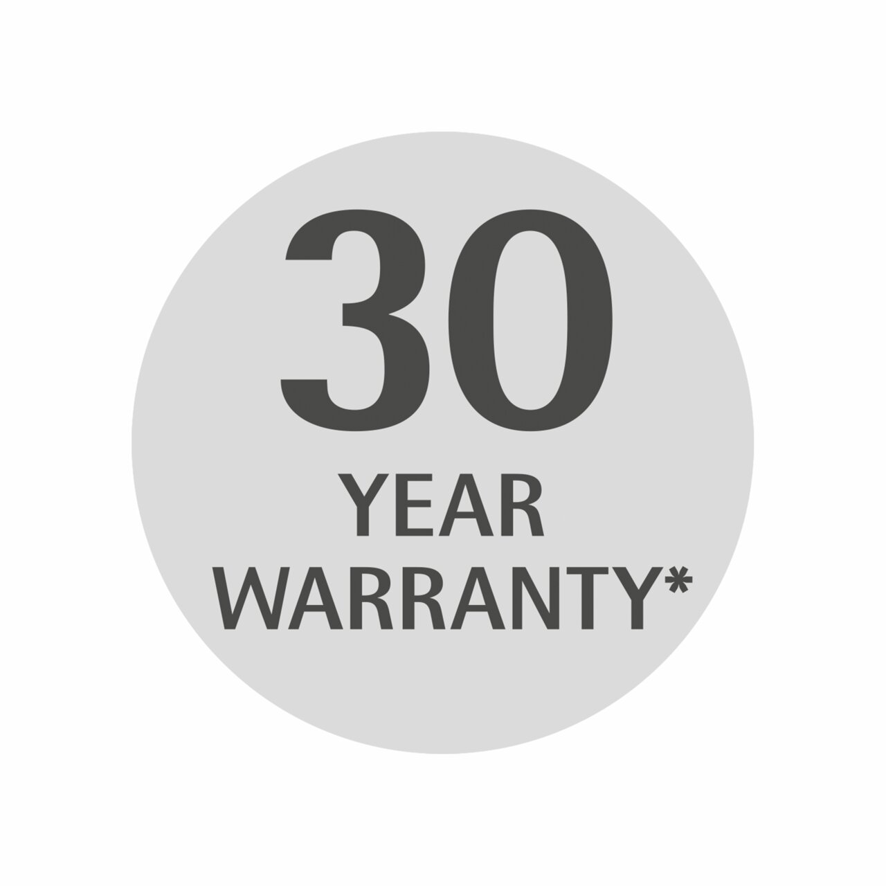 Rundes Siegel mit der Aufschrift '30 Year Warranty' in schwarzer Schrift auf grauem Hintergrund, Vorderansicht.