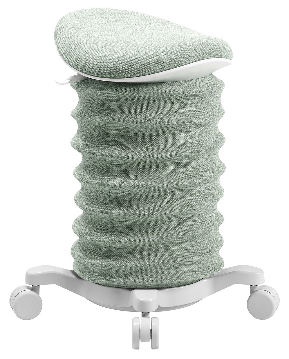 Sitness Actieve stoel 4D AGR Moderner Aktiv-Sitz in hellgrünem Stoff mit wellenförmigem Design und Rollen, seitliche Perspektive