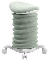 Moderner Aktiv-Sitz in hellgrünem Stoff mit wellenförmigem Design und Rollen, seitliche Perspektive