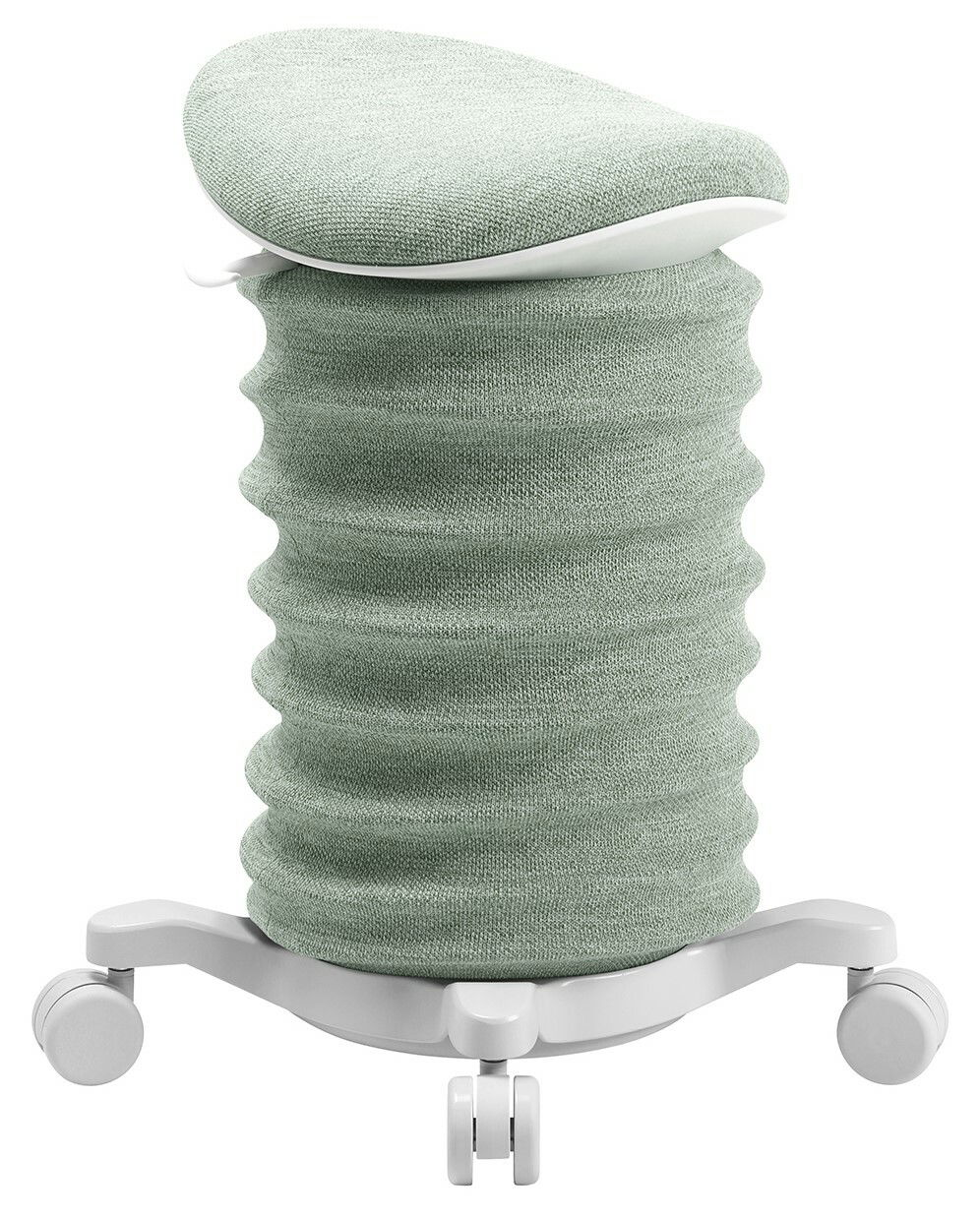 Sitness Aktiv-Sitz 4D AGR Moderner Aktiv-Sitz in hellgrünem Stoff mit wellenförmigem Design und Rollen, seitliche Perspektive