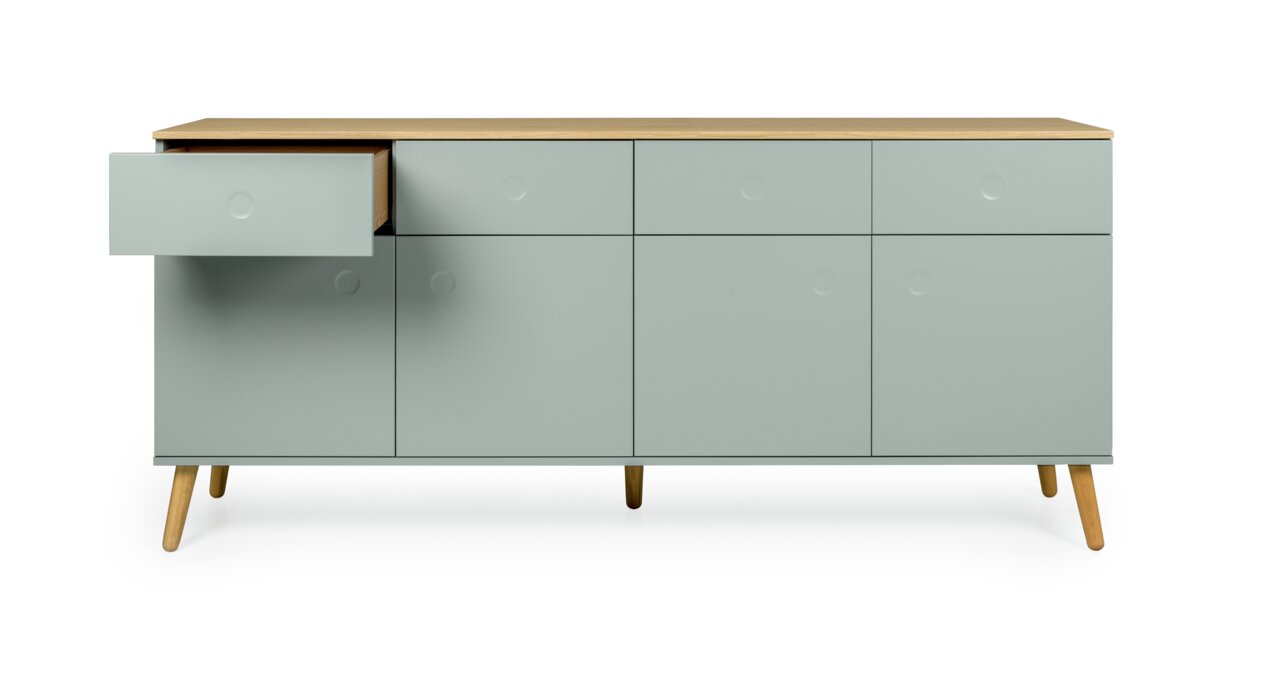 Moderne Kommode in hellem Grau mit Holzbeinen, eine Schublade ist geöffnet, Frontalansicht