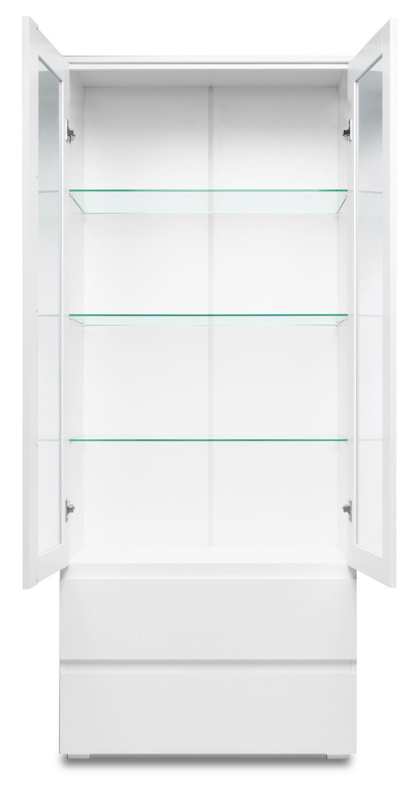 Weiße Vitrine mit Glastüren und drei Glasböden, frontal geöffnet.