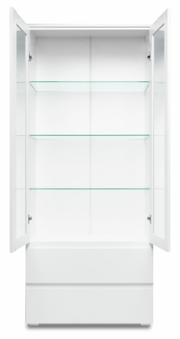 Witte vitrinekast met glazen deuren en drie glazen planken, aan de voorkant te openen.