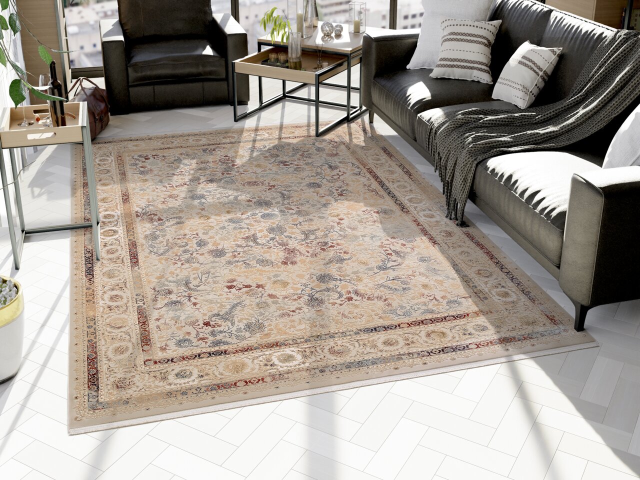 Orientteppich MYSTIC in einem modernen Wohnzimmer, von oben betrachtet, mit einem eleganten Muster in Beige- und Rottönen.