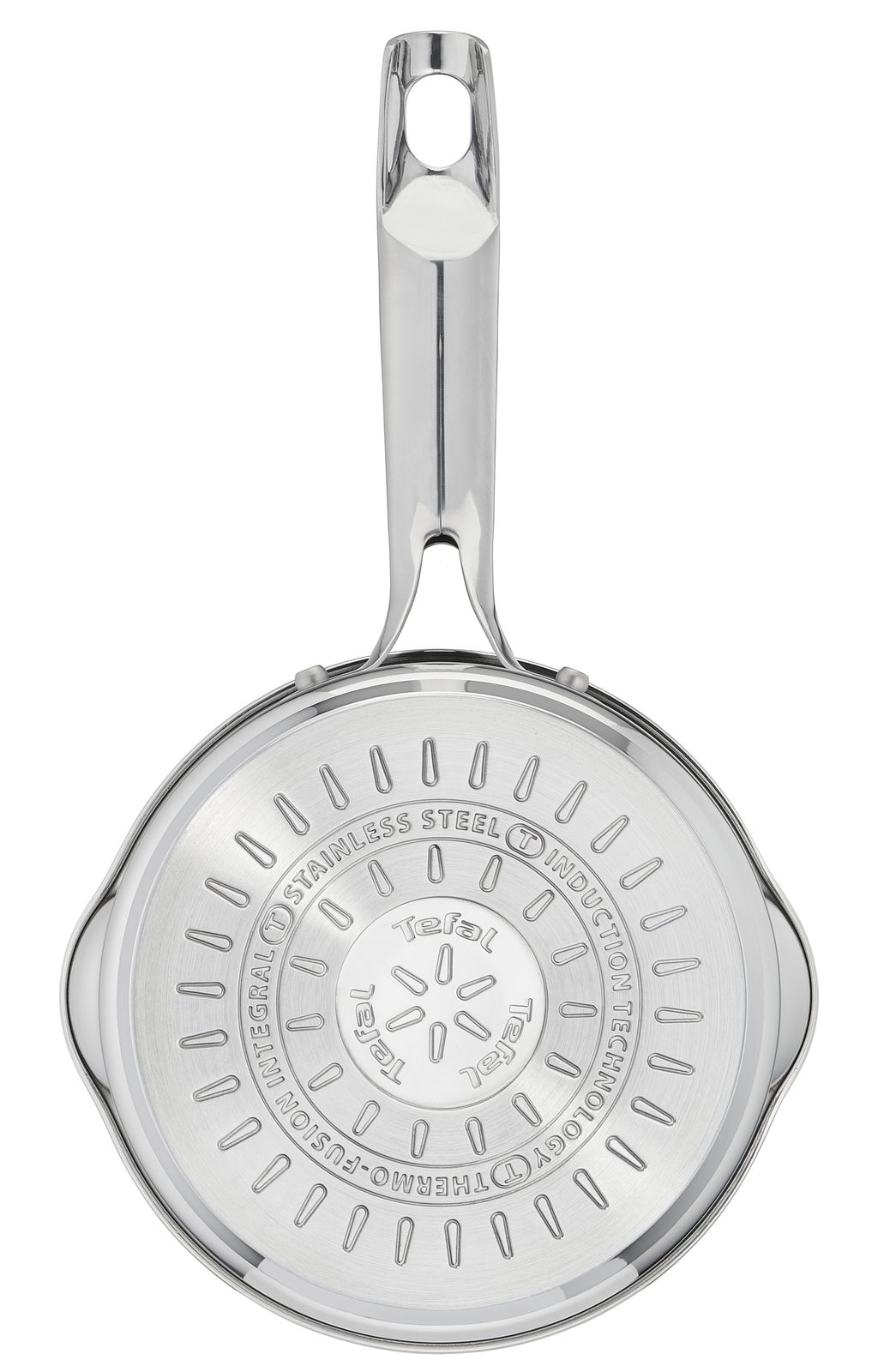 Ansicht von oben auf einen Edelstahl-Topf mit Griff, geeignet für Induktionsherde.