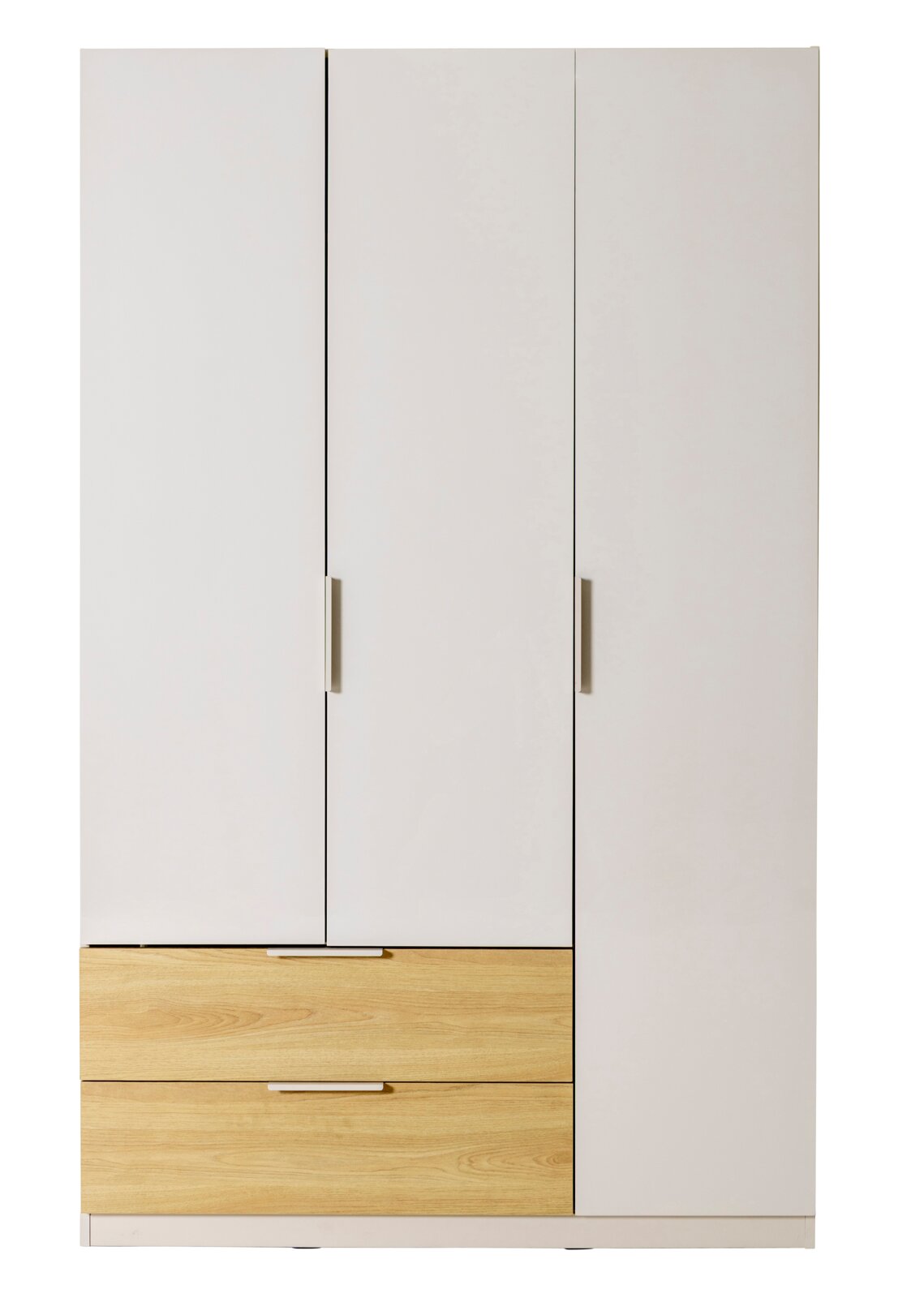 Moderner Kleiderschrank in Weiß mit zwei Holzauszügen und silbernen Griffen, frontale Ansicht.