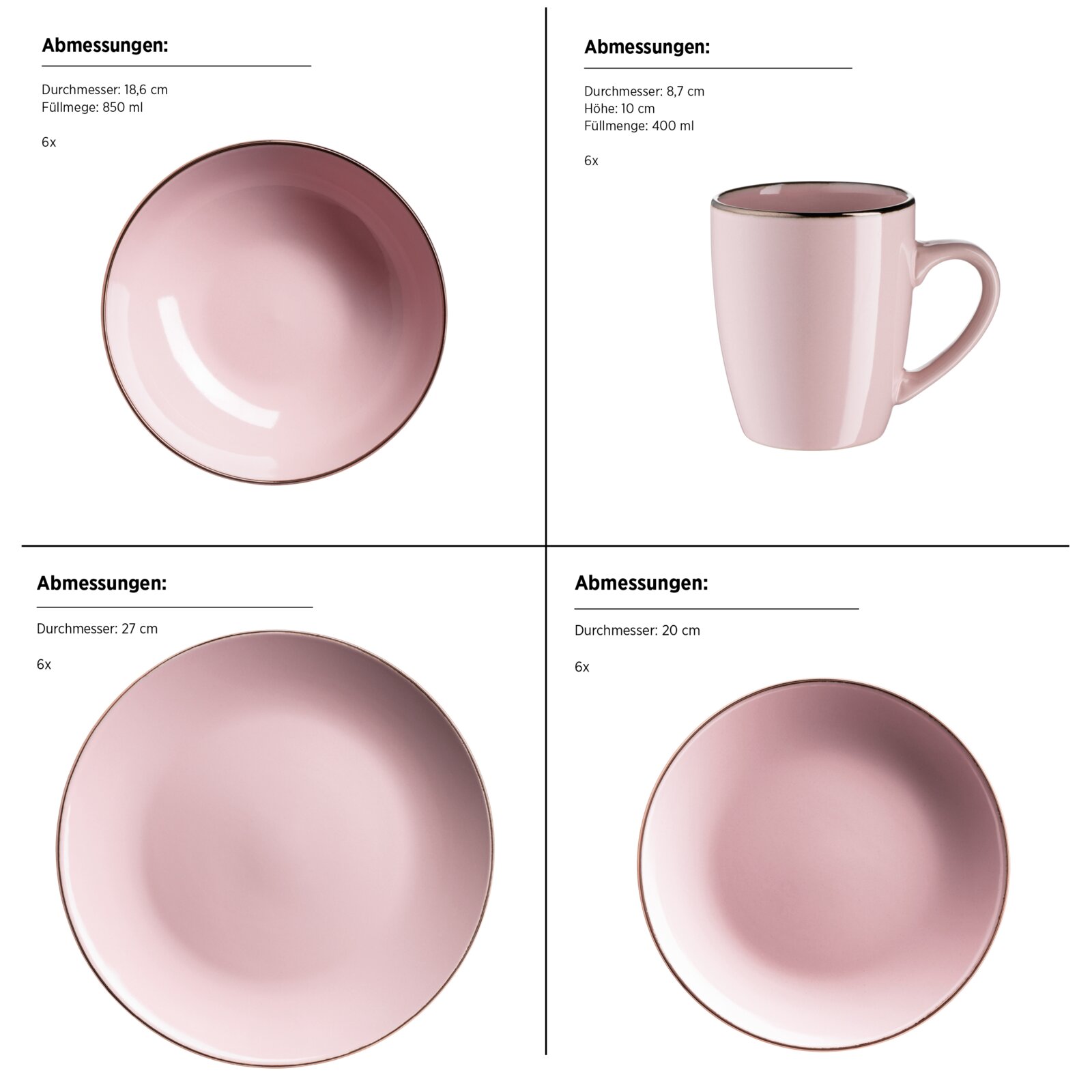 Rosa glasiertes Geschirrset mit goldfarbenem Rand: Schale (Ø 18,6 cm, 850 ml) in Draufsicht, Tasse (Ø 8,7 cm, H 10 cm, 400 ml) in Seitenansicht sowie Teller (Ø 27 cm und Ø 20 cm) in Draufsicht auf weißem Hintergrund.