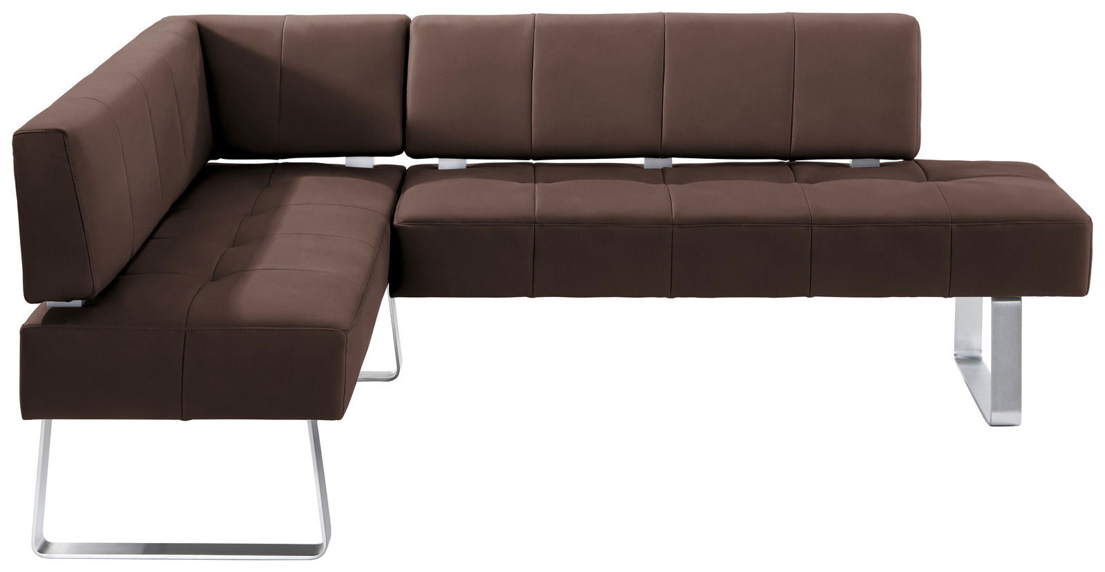 Braune Eckbank mit modernem Design und Metallbeinen, seitliche Perspektive