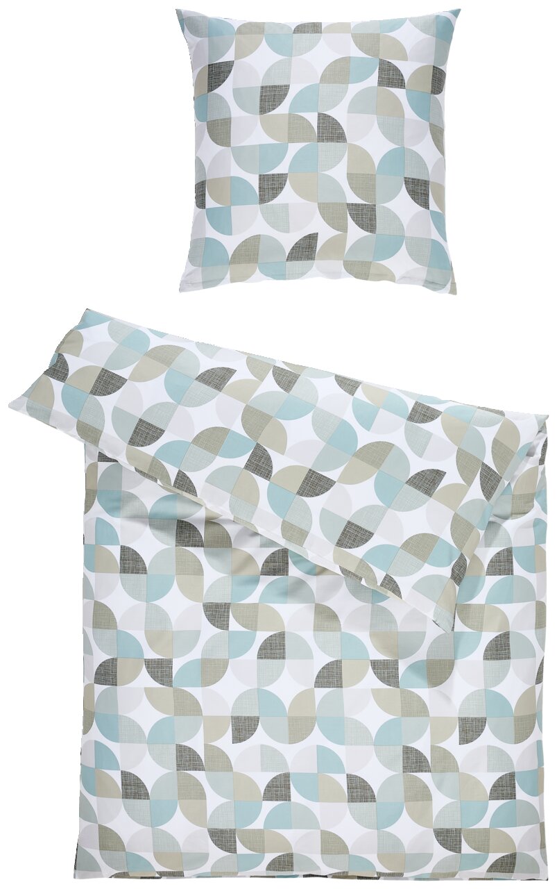 Bettwäsche-Set 135x200cm mit geometrischem Muster in Blau- und Beigetönen, Draufsicht