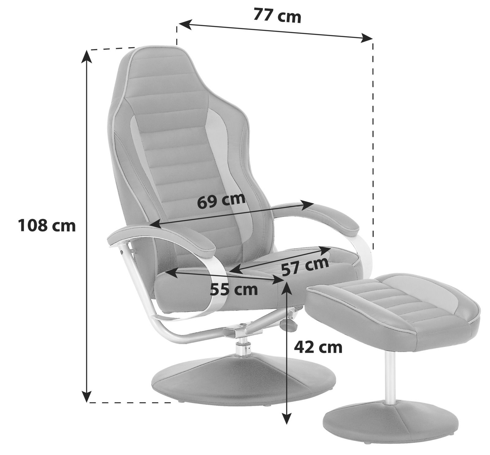 Grauer Fernsehsessel mit Hocker, seitliche Perspektive, Maße: Sessel 108 cm hoch, 77 cm tief, 69 cm breit; Hocker 42 cm hoch.