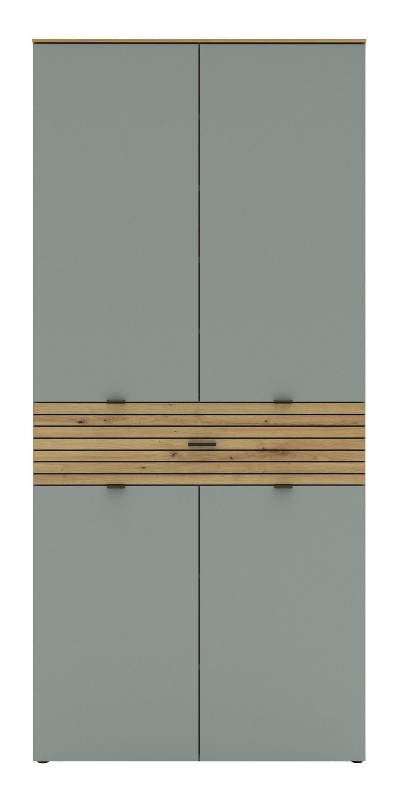 Frontansicht eines hohen XL-Schuhschranks mit grauen Türen und einem dekorativen Holzelement in der Mitte.