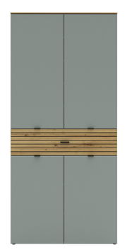 Frontansicht eines hohen XL-Schuhschranks mit grauen Türen und einem dekorativen Holzelement in der Mitte.