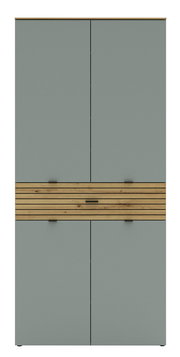Frontansicht eines hohen XL-Schuhschranks mit grauen Türen und einem dekorativen Holzelement in der Mitte.